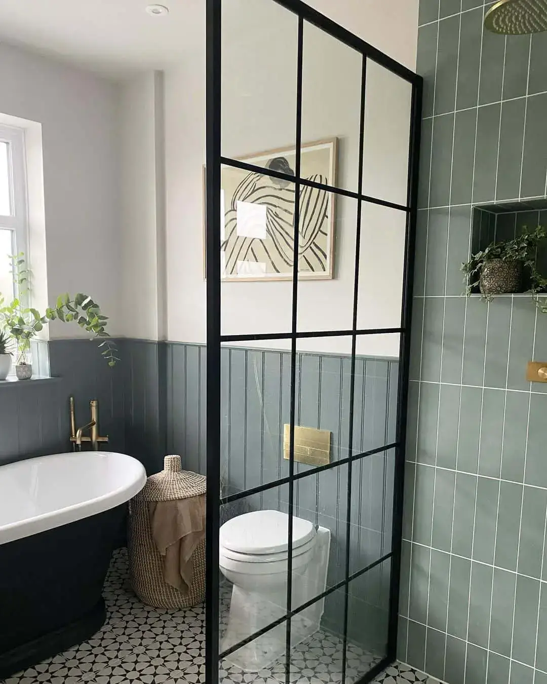 Green Beadboard Walls Complement a Freestanding Tub