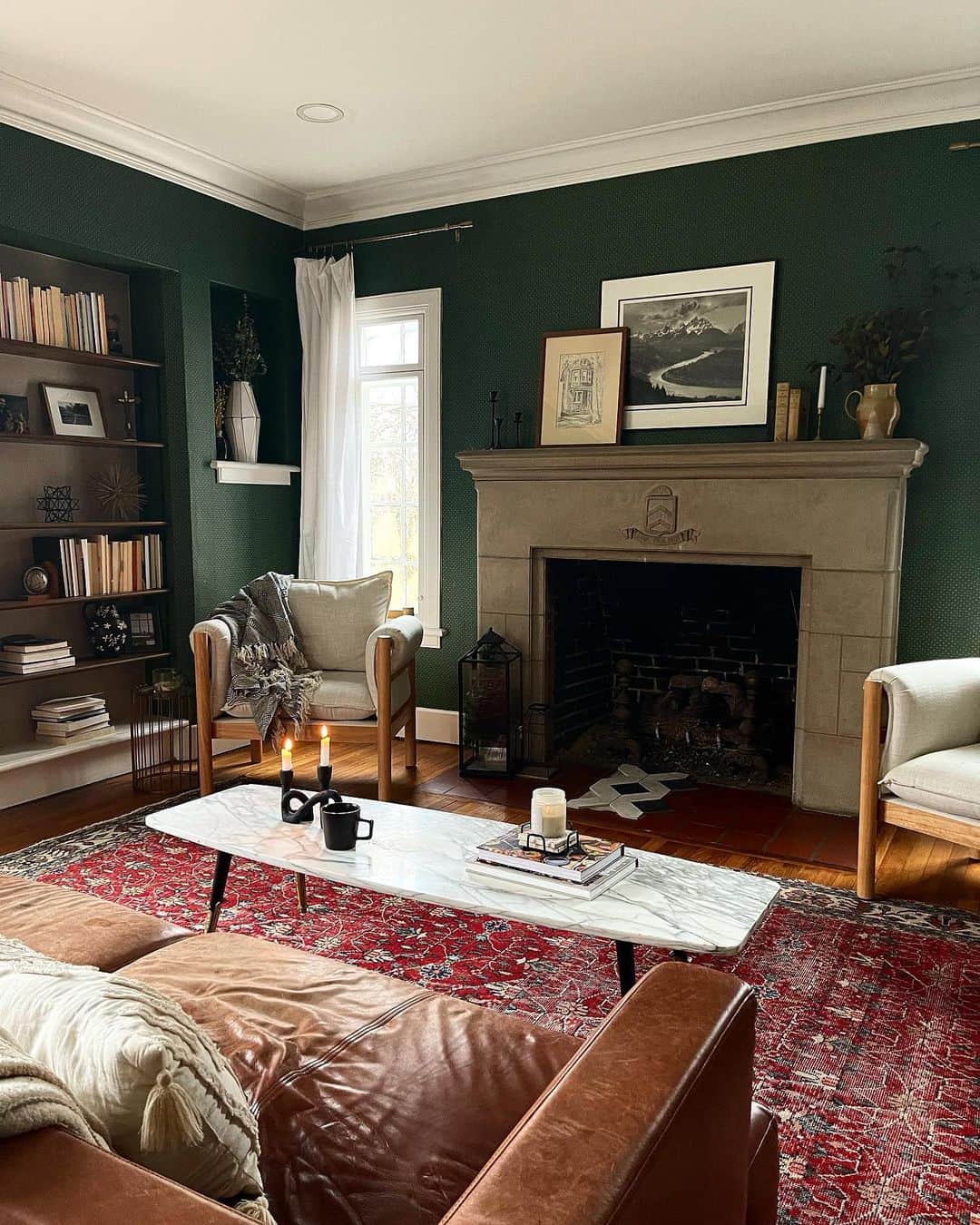 Deep Green Walls With Subtle Textured Wallpaper