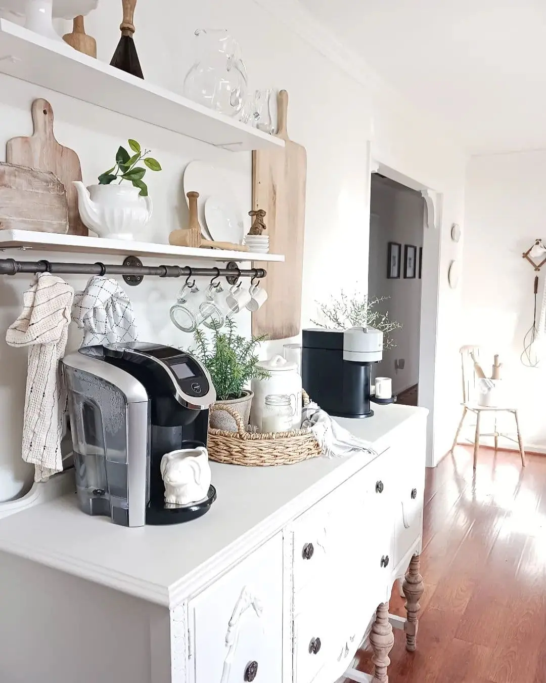 Woven Basket Holds Coffee Bar Essentials and Greenery