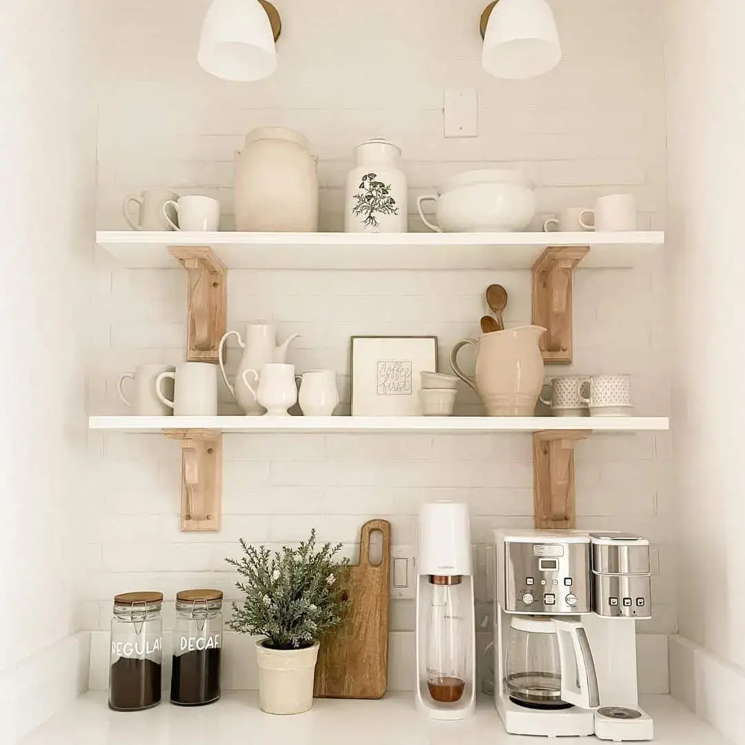 Open Shelving With White Brick Backsplash
