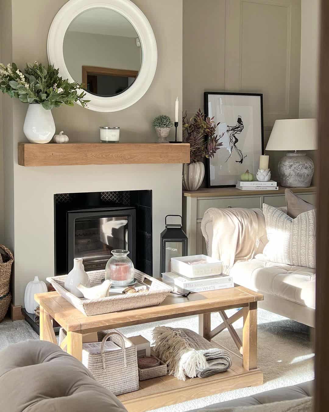 Frame Your Fireplace with a Round Mirror Above the Mantel