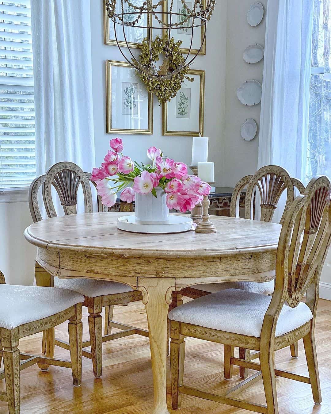 White Cylindrical Vase Holds a Generous Pink Tulip Bouquet