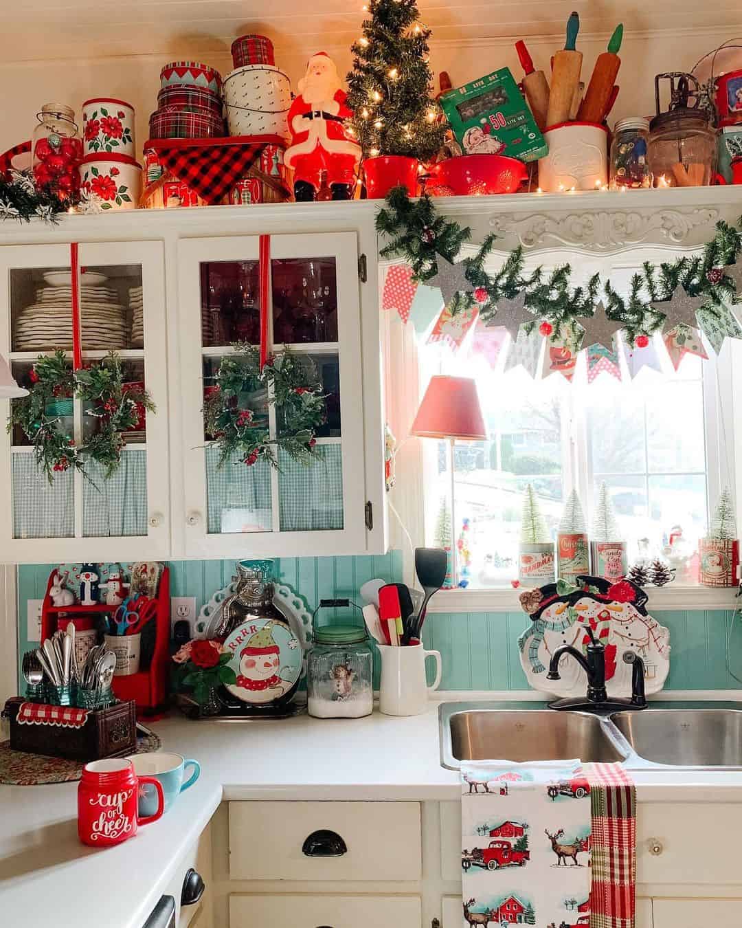 Layer Christmas Decor on Shelves and Cabinets