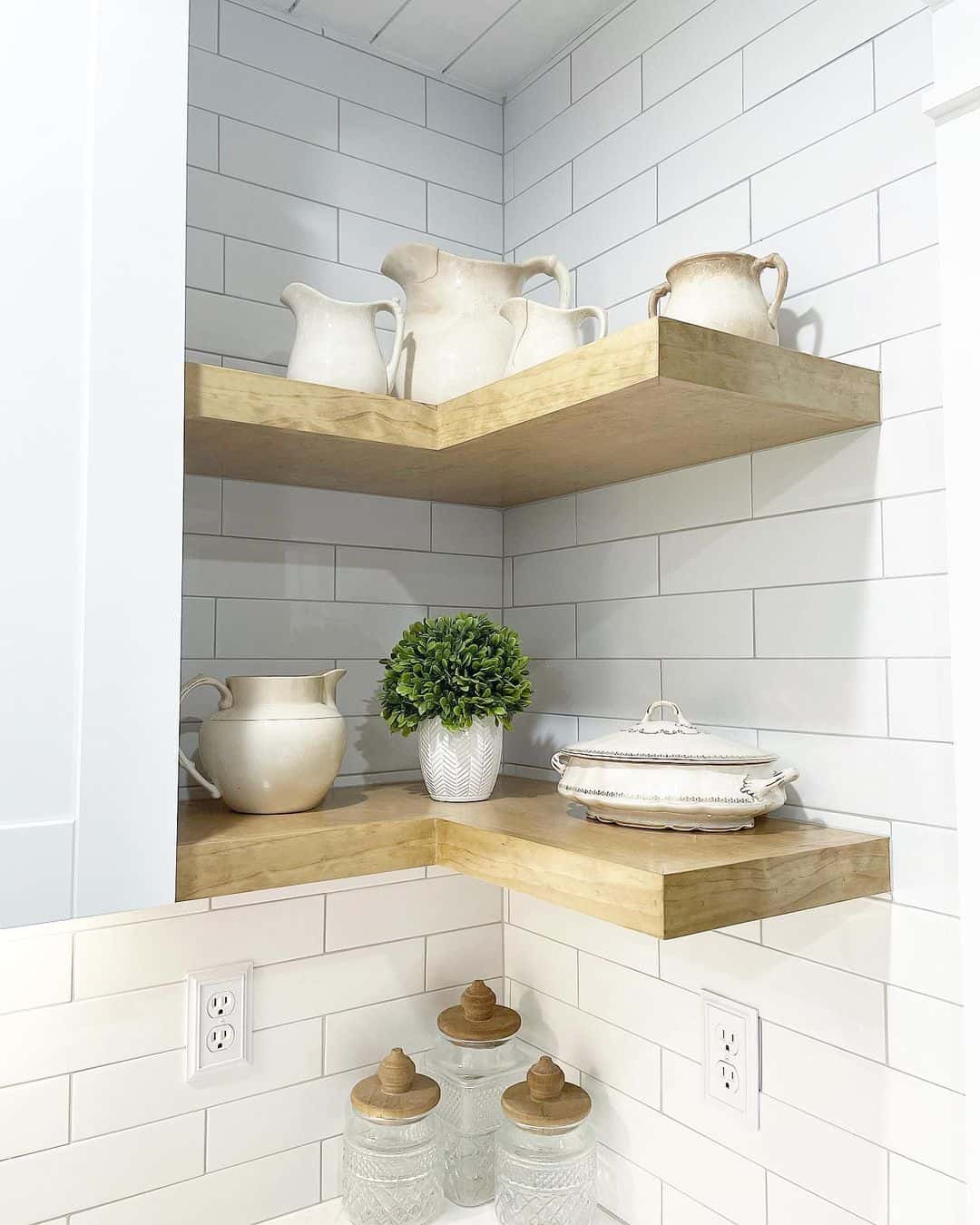 Corner Shelves Display Vintage-Style Ceramic Pitchers