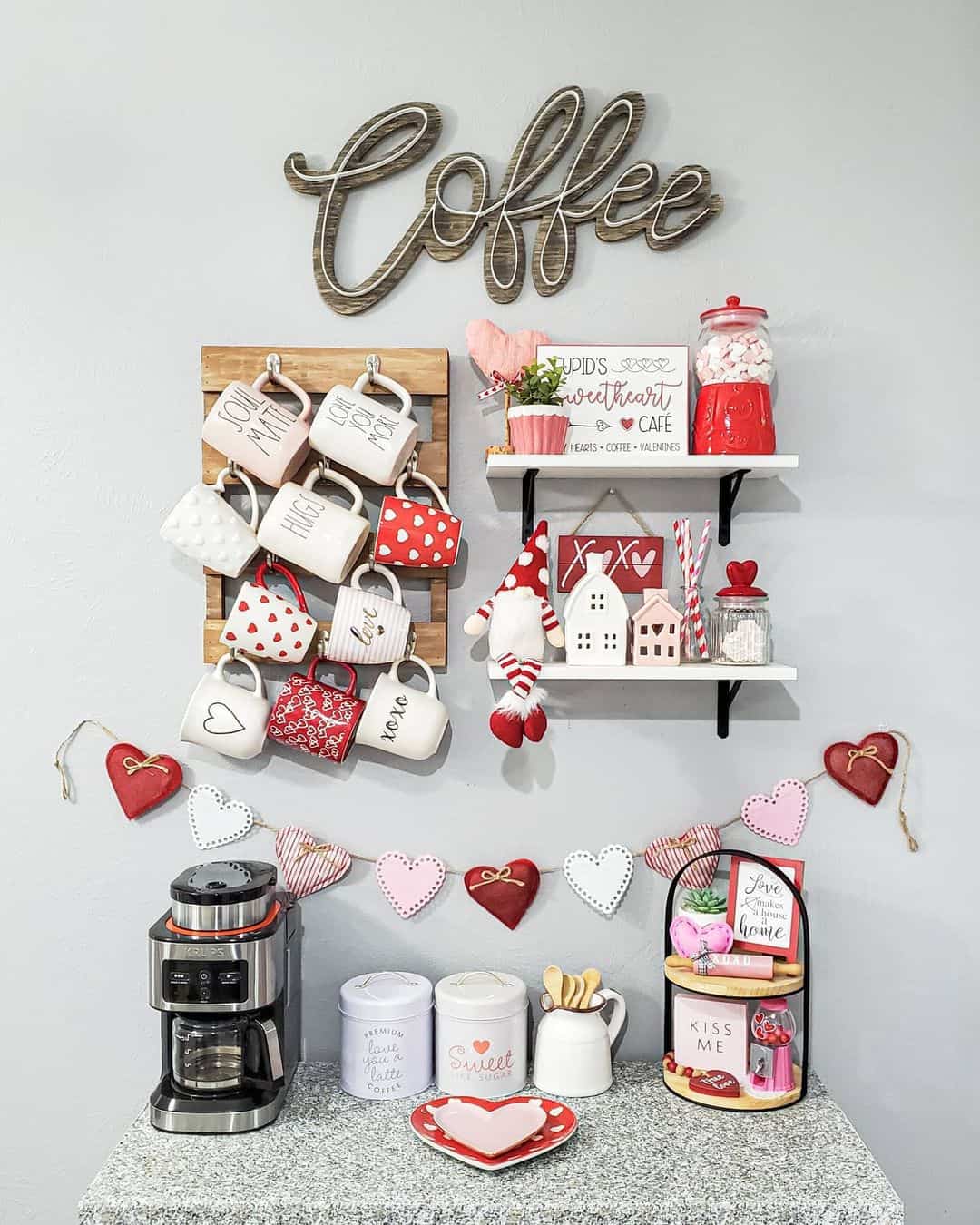 Wooden Coffee Sign Creates a Warm Welcome Above Mugs