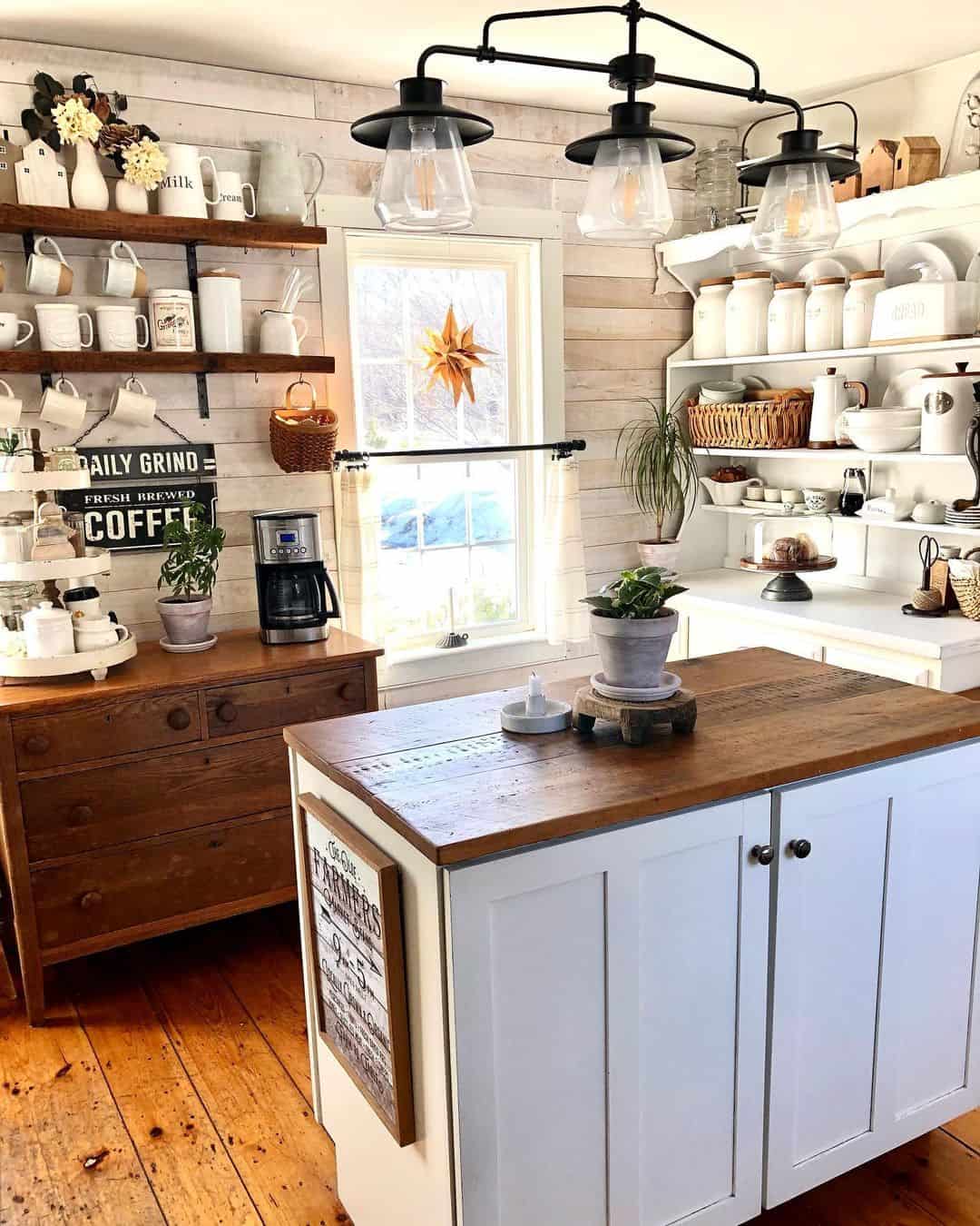 Wooden Dresser Displays Tiered Trays and Coffee Maker