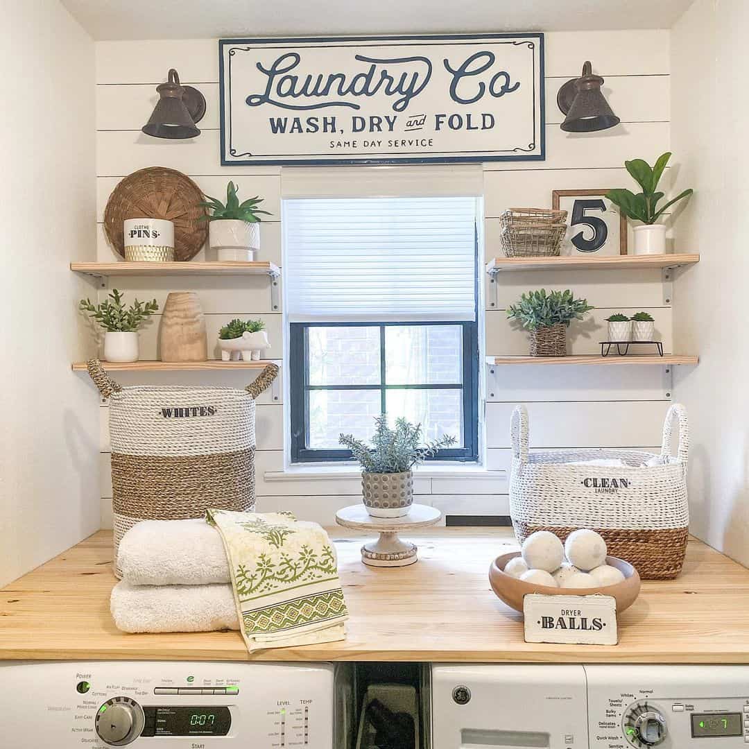 Woven Baskets With Stenciled Labels for Sorting Laundry