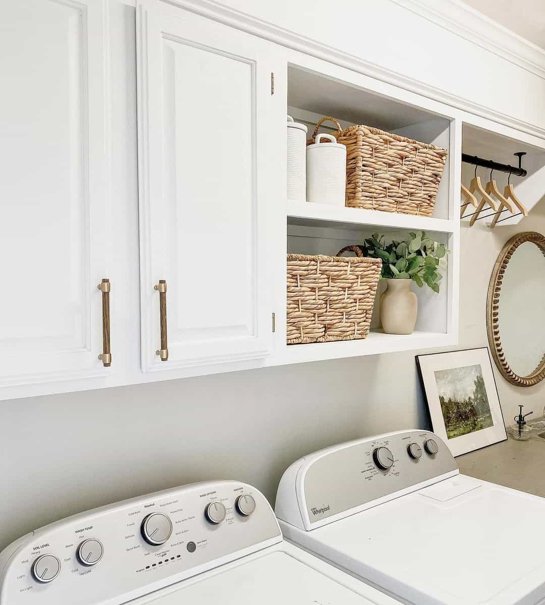 Woven Baskets Hold Greenery and Supplies on Open Shelves