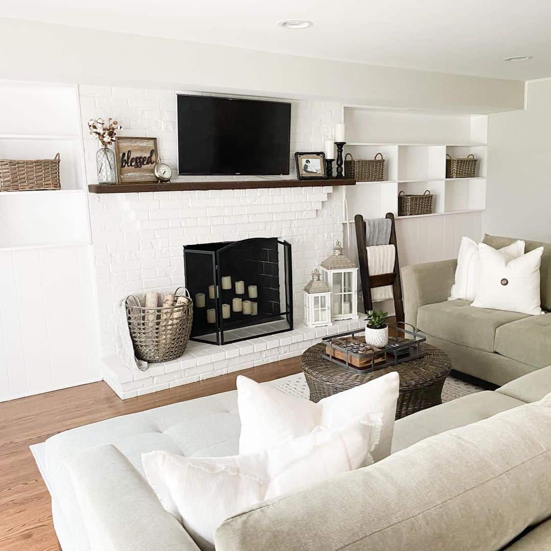 Frame a Cozy Seating Area with a White Brick Fireplace