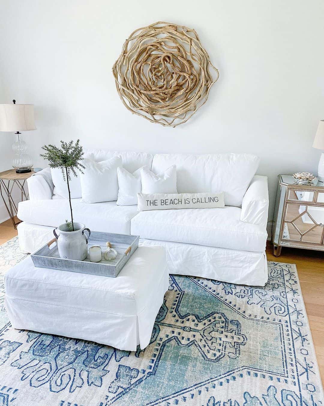 Round Twig Wall Art Adds Organic Texture Above Sofa