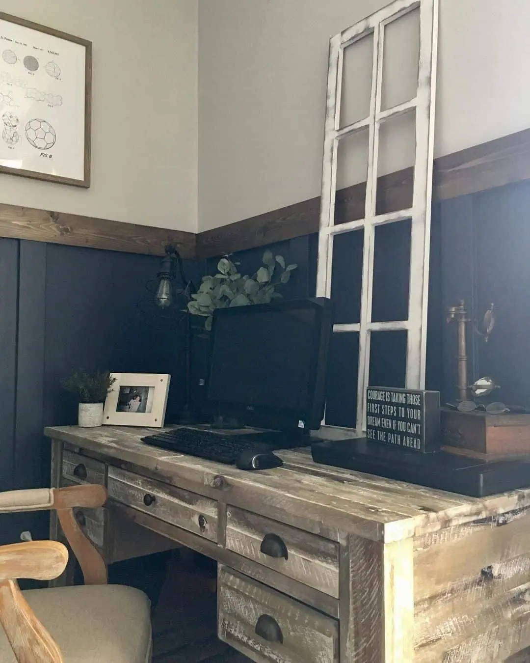 Distressed Window Frame Adds Rustic Charm Above Desk