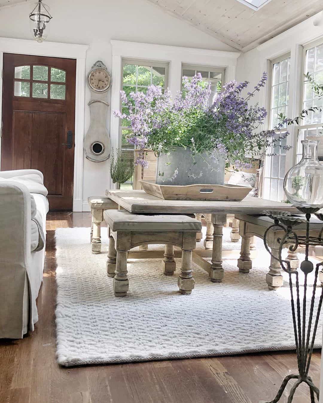 Tuck Away Stools Under a Distressed Wood Coffee Table