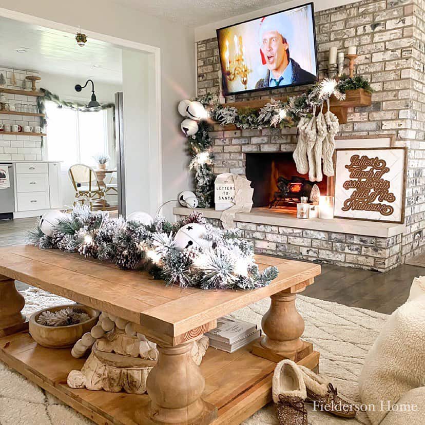 Wood Coffee Table With Festive Garland Centerpiece
