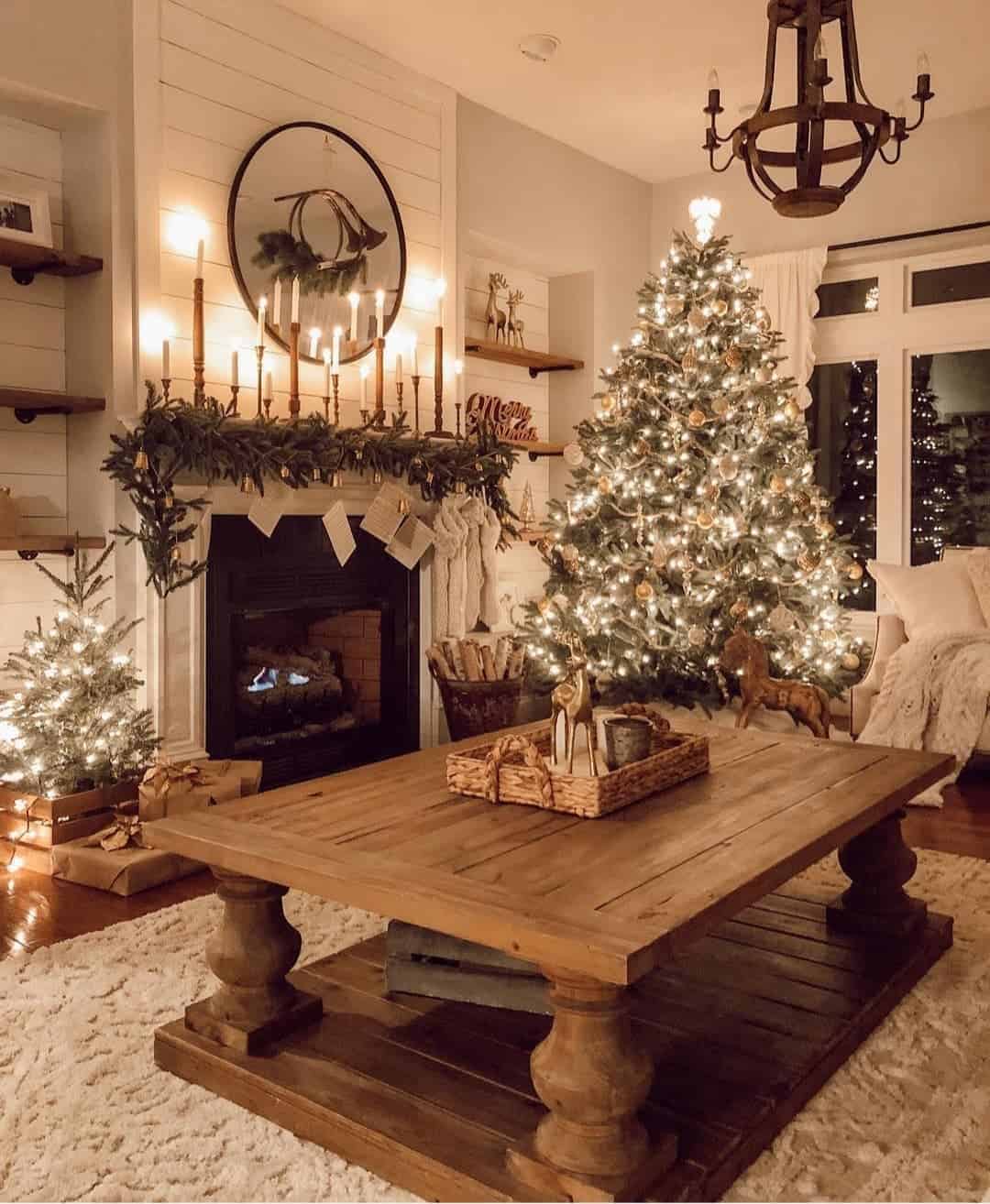 Chunky Wooden Coffee Table Anchors a Cozy Christmas Scene