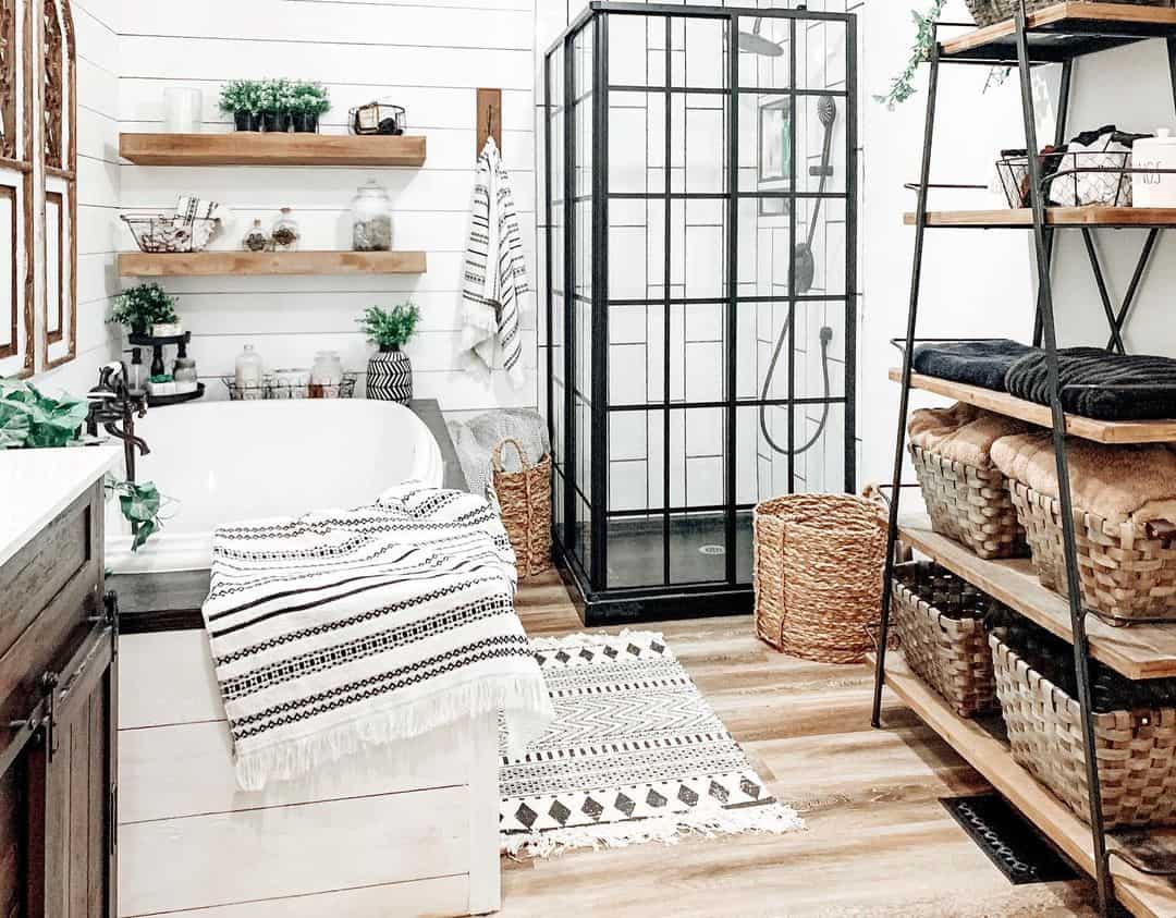 Woven Baskets Store Towels and Toiletries on Open Shelving