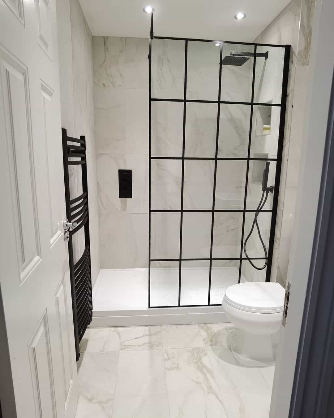 Frame a Marble Oasis with a Black Grid Shower Enclosure
