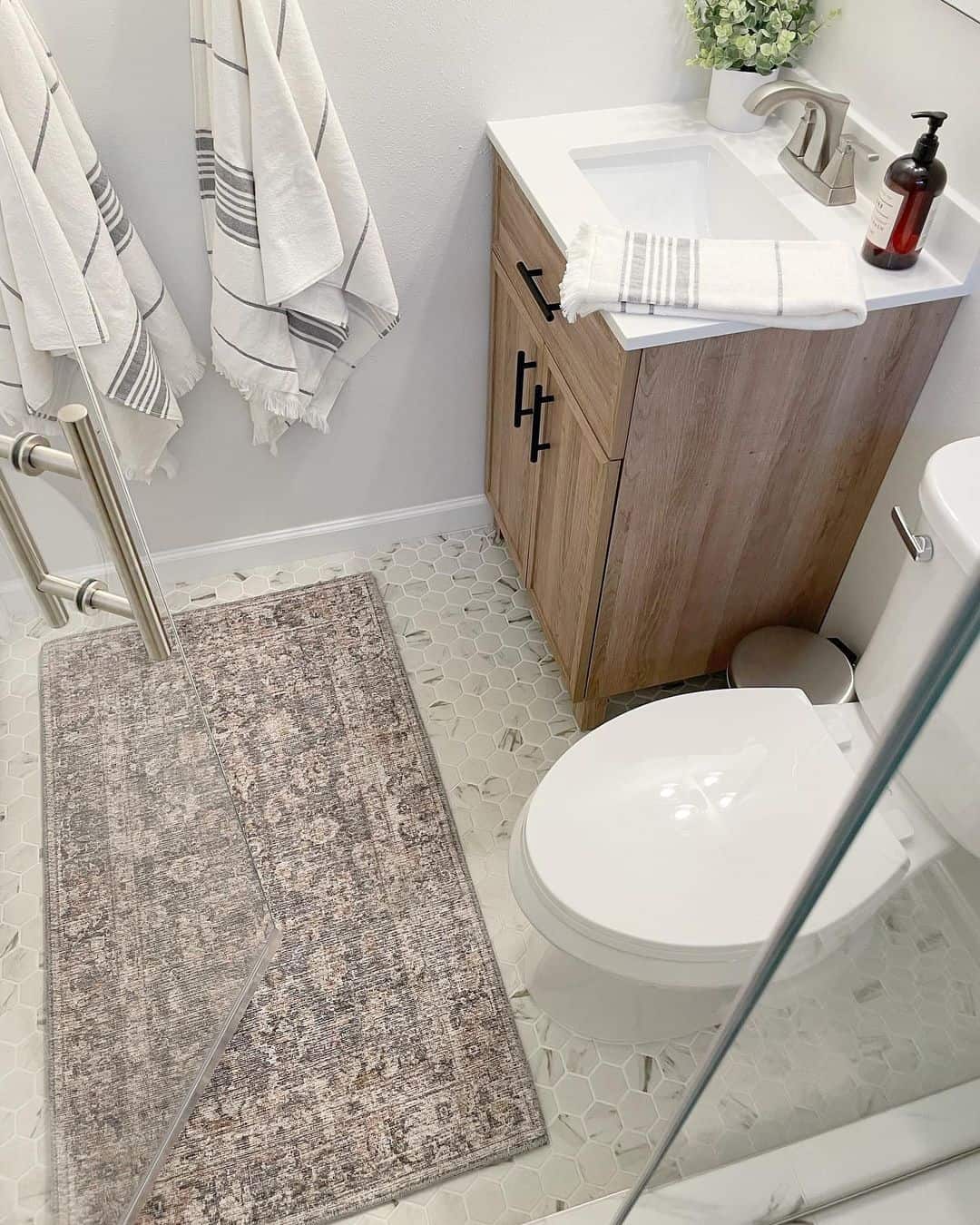 Patterned Runner Softens Hex Tile Floor