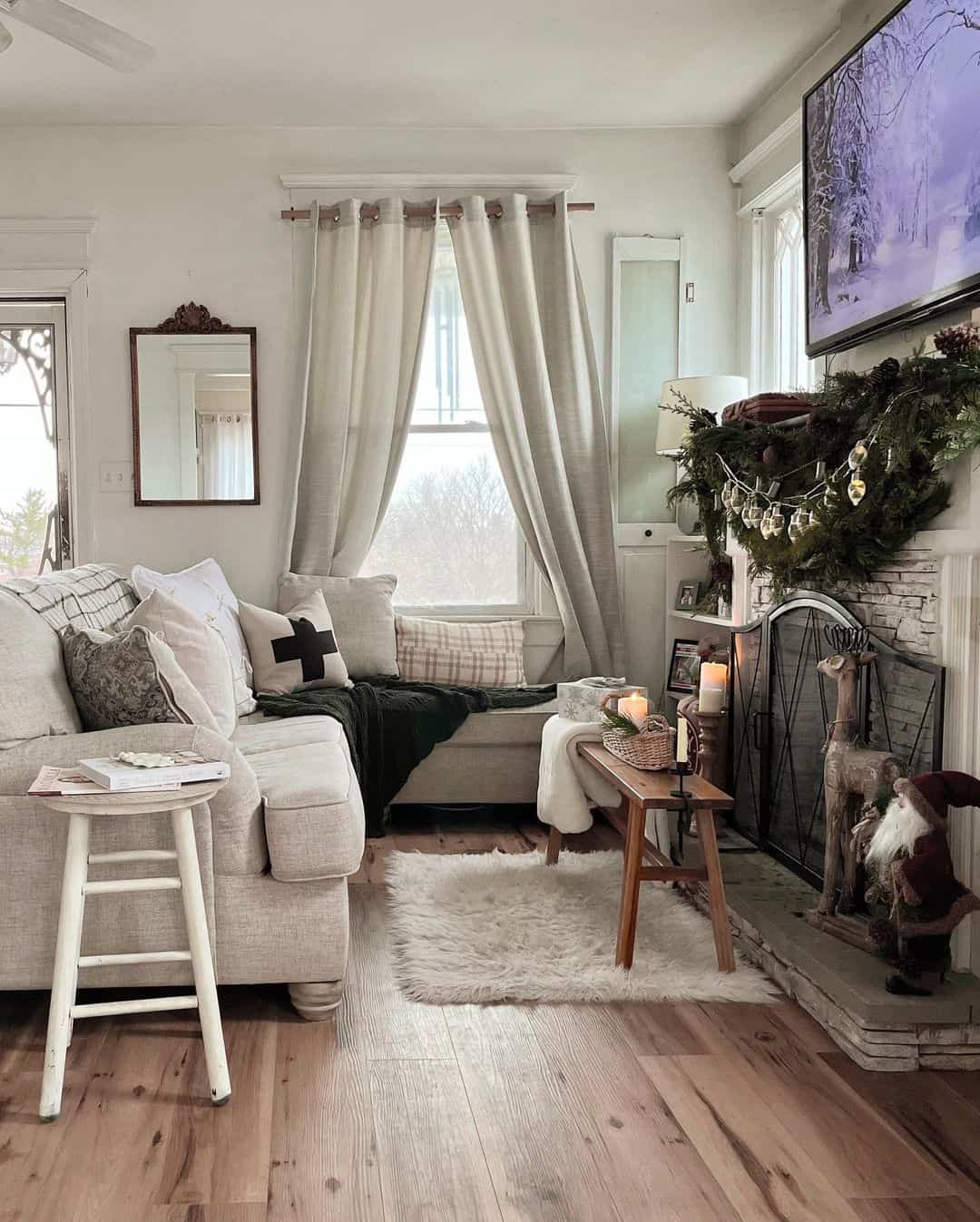 Tiered Fireplace Mantel Decor Creates Cozy Holiday Vignette