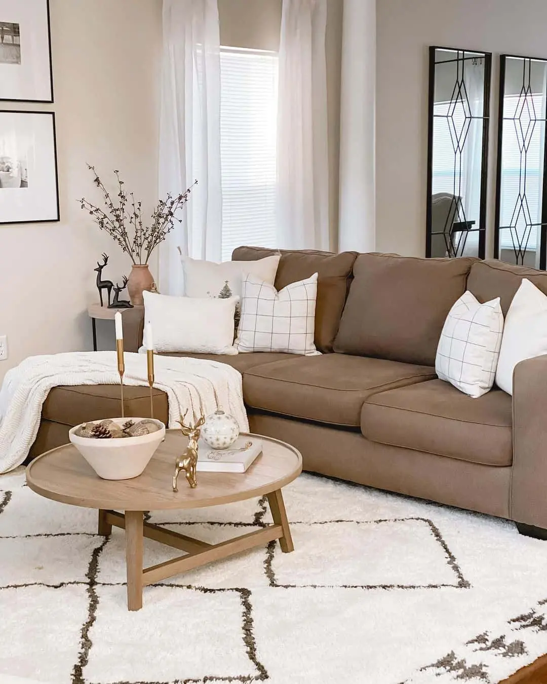 Round Wood Coffee Table Anchors Geometric Rug