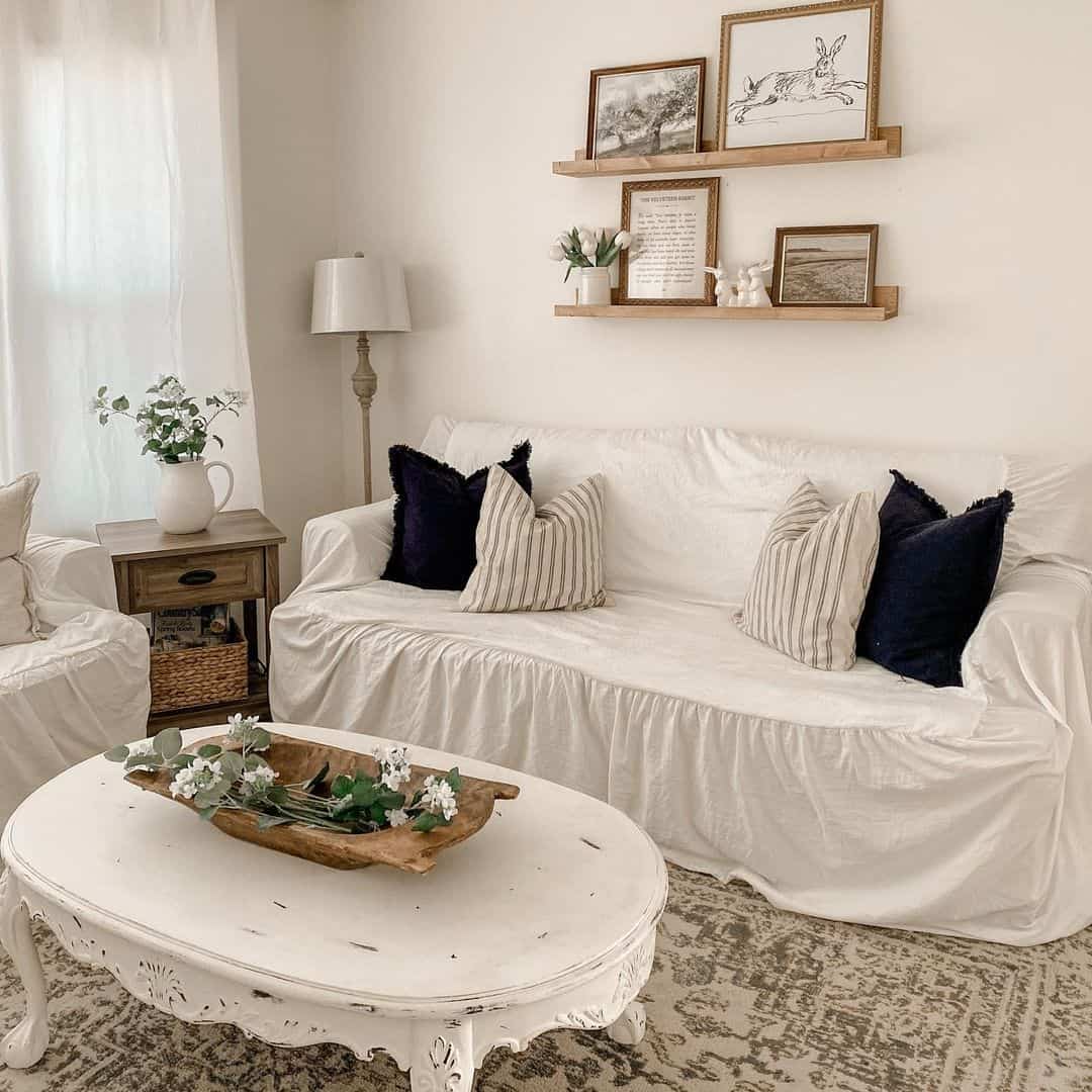 Floating Shelves Display Art and Decor Above Sofa
