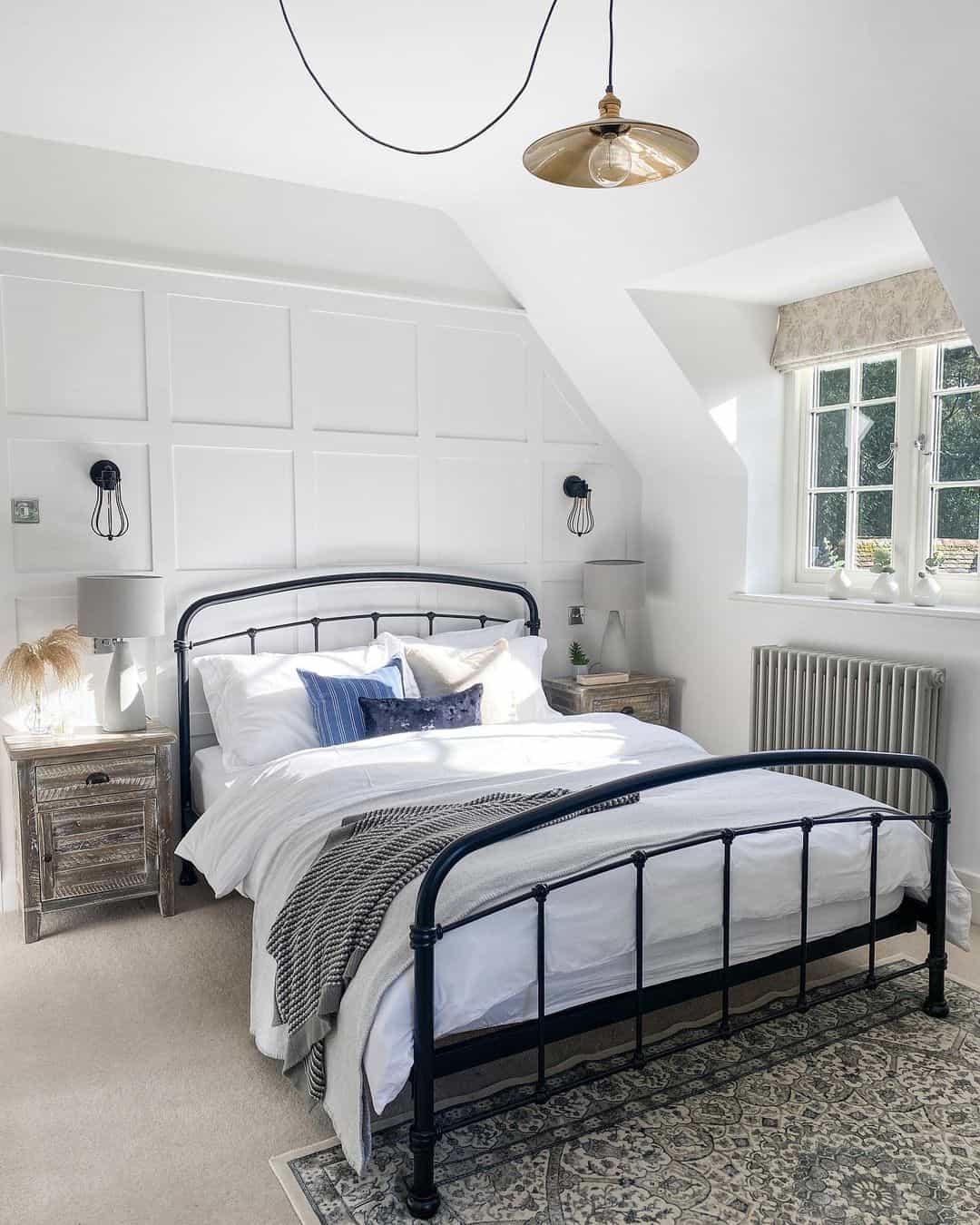 Square Panels Add Architectural Interest Behind the Bed
