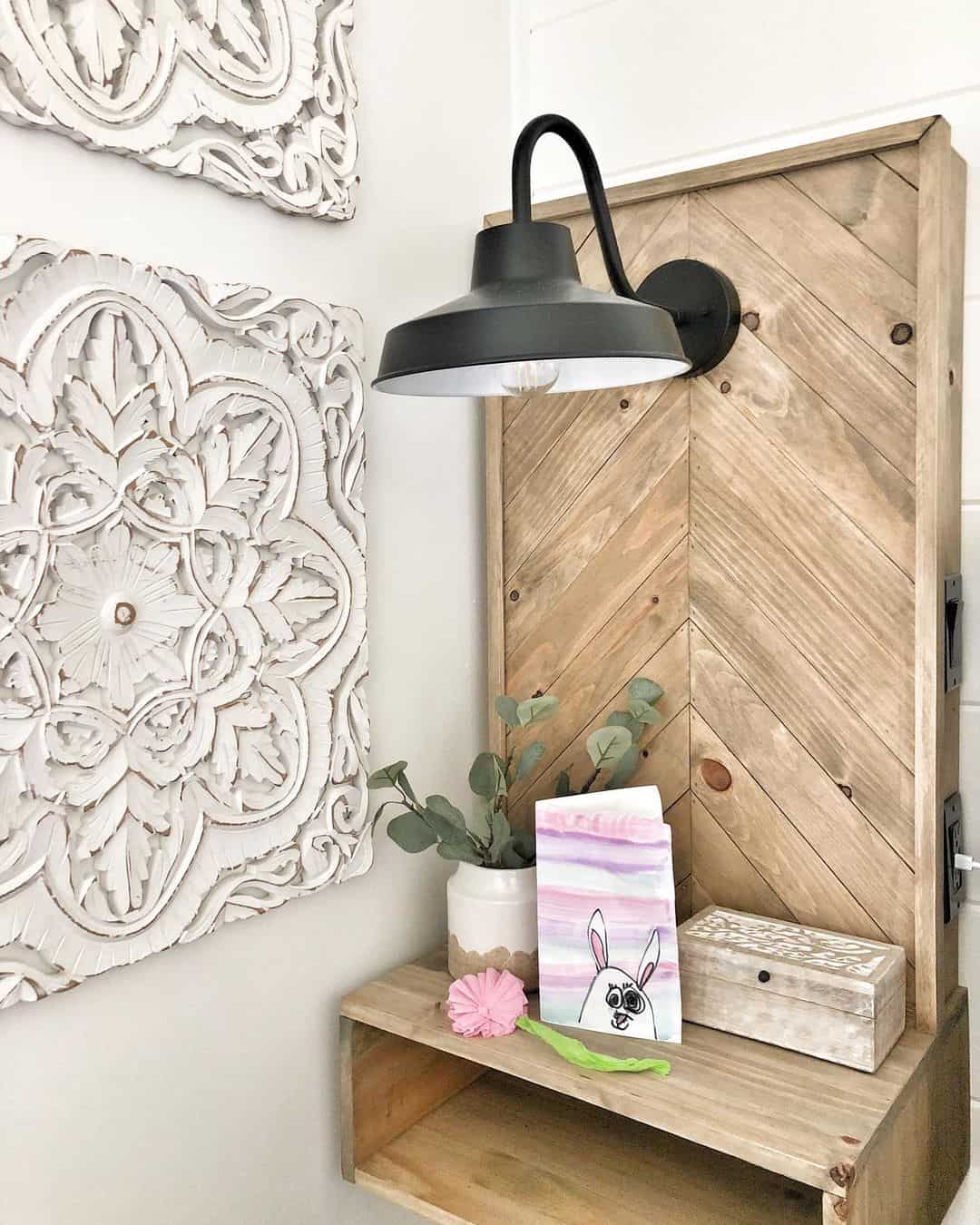 Chevron Wood Panel With Integrated Lighting and Outlets