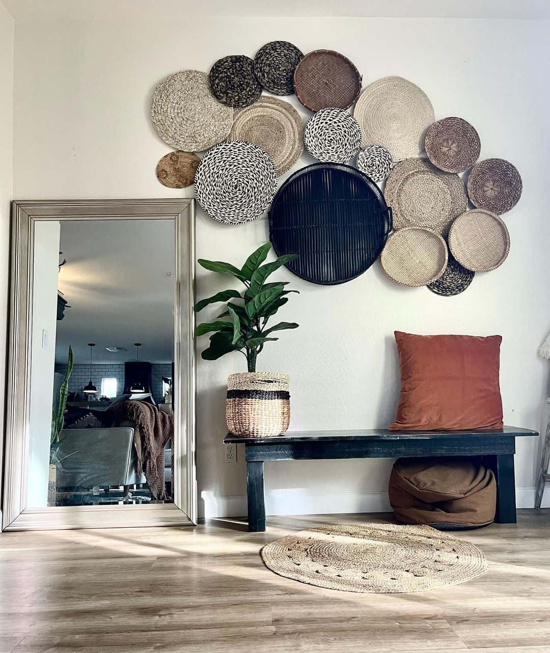 Grouped Round Woven Baskets Add Organic Texture to a Blank Wall