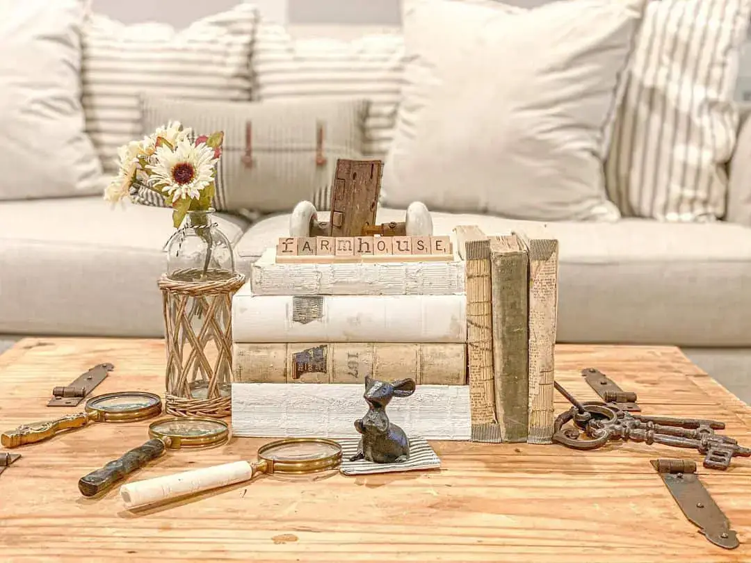 Stack Books with Tiny Rustic Wooden Blocks for a Farmhouse Vibe