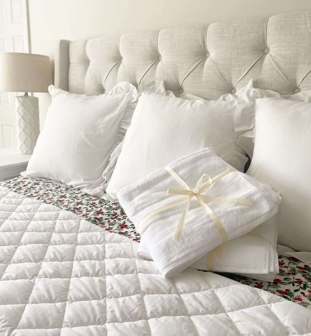 White Quilted Bedding with Floral Border