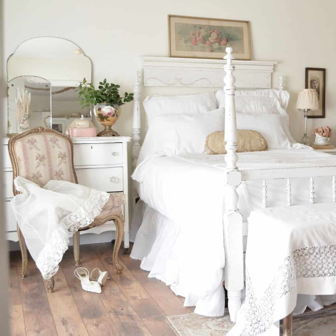 Ornate White Bed Frame with Lacy Bench Cover