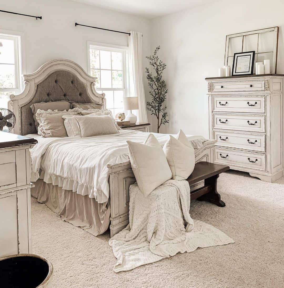 Distressed White Dresser with Window Pane Decor