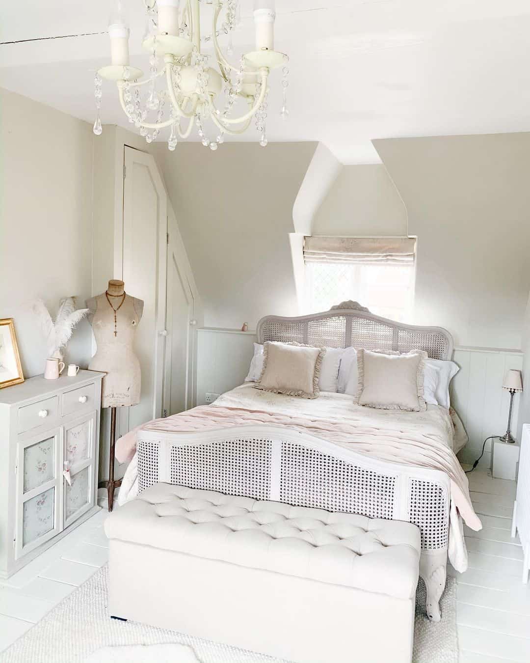 Cane Headboard Adds Airy Texture to White Bed