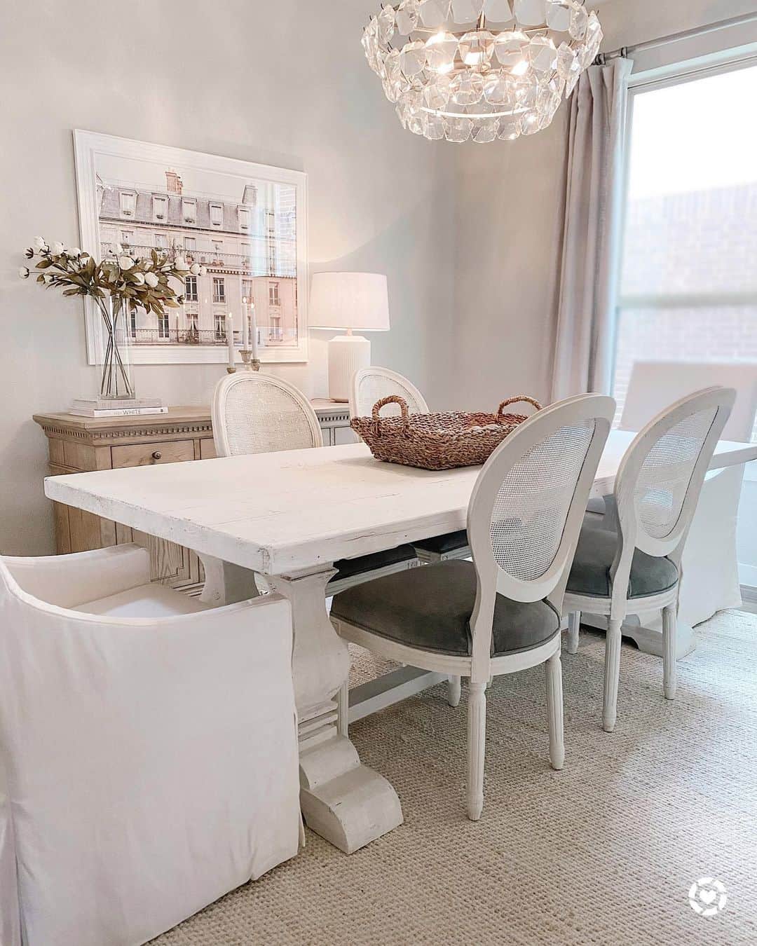 White Pedestal Table Grounds Neutral Dining Room