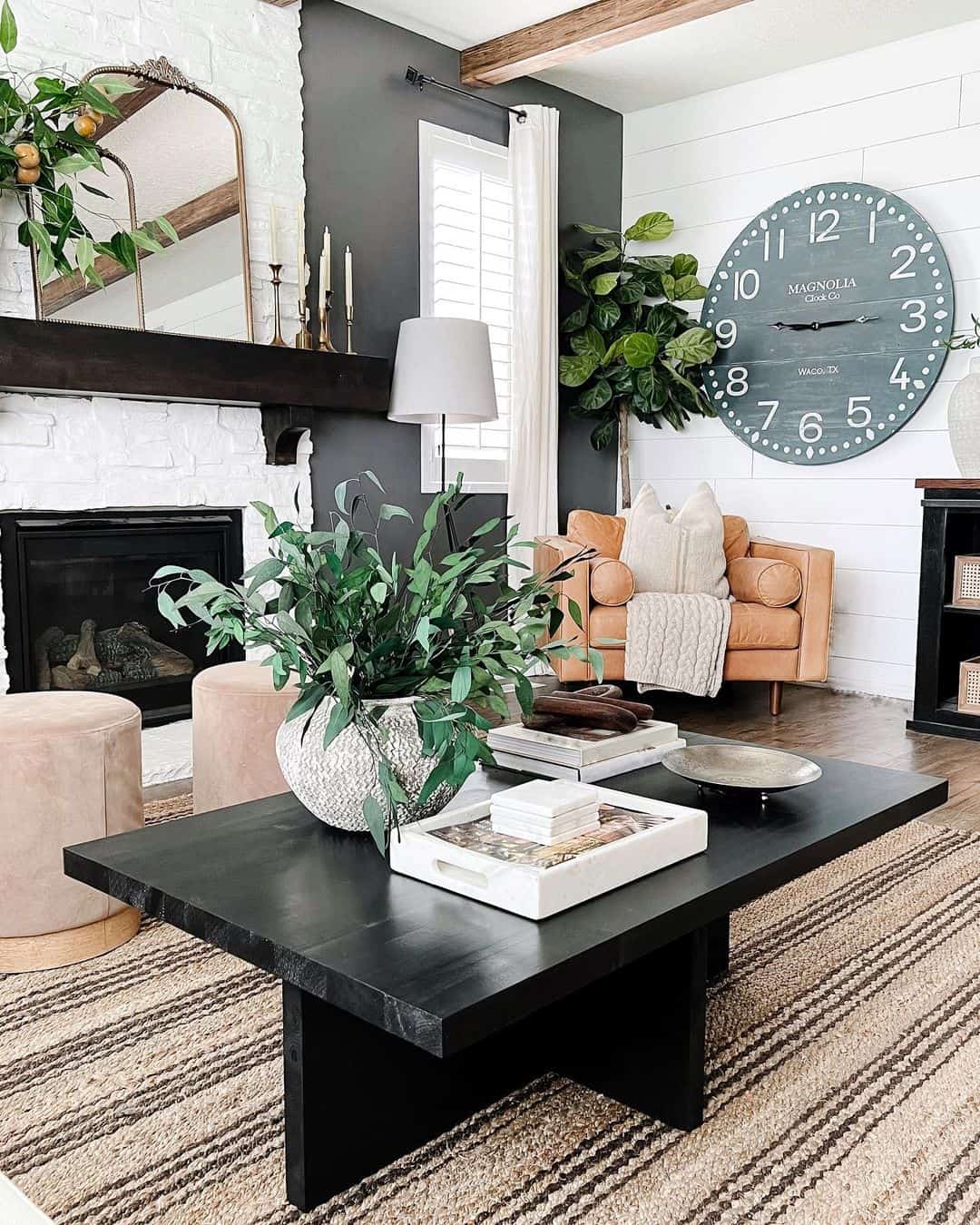 Low-Profile Black Coffee Table Anchors a Textured Rug