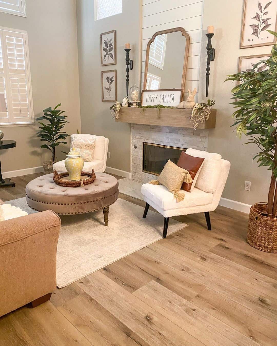Arched Mirror with Wood Frame Amplifies Natural Light Above Mantel