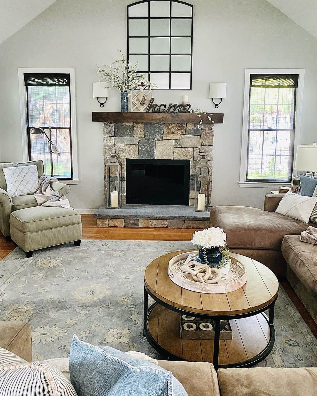 Tall Windowpane Mirror Adds Architectural Interest Above Fireplace