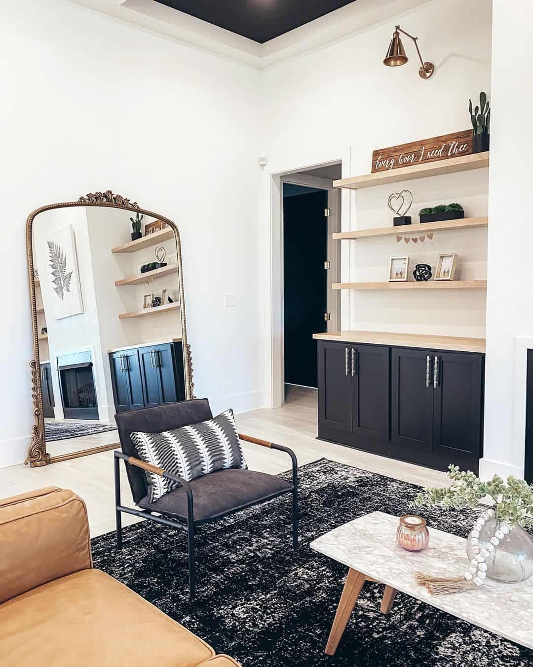 Tall Gold Mirror Reflects Fireplace and Adds Vintage Flair