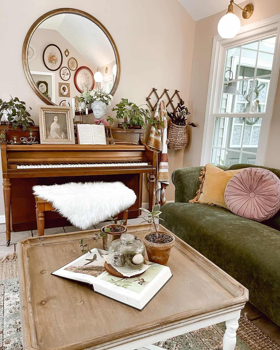 Large Round Mirror Reflects Gallery Wall Above Piano