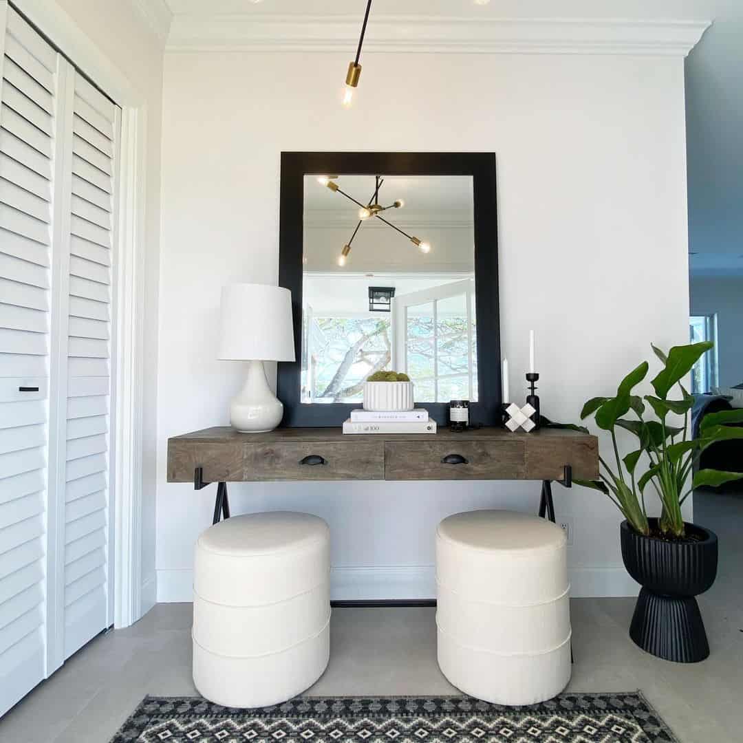 Stacked Ottoman Seating Adds Softness Below Console