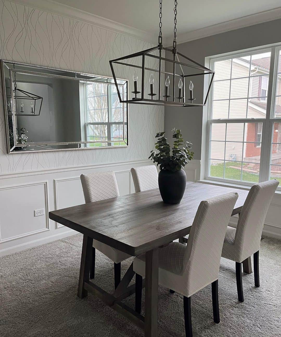 Dark Wood Dining Table with Geometric Lantern Chandelier