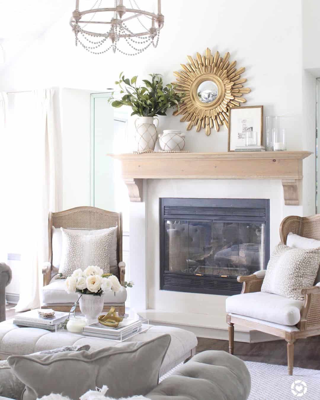 Sunburst Mirror Reflects Light Above a Light Wood Mantel