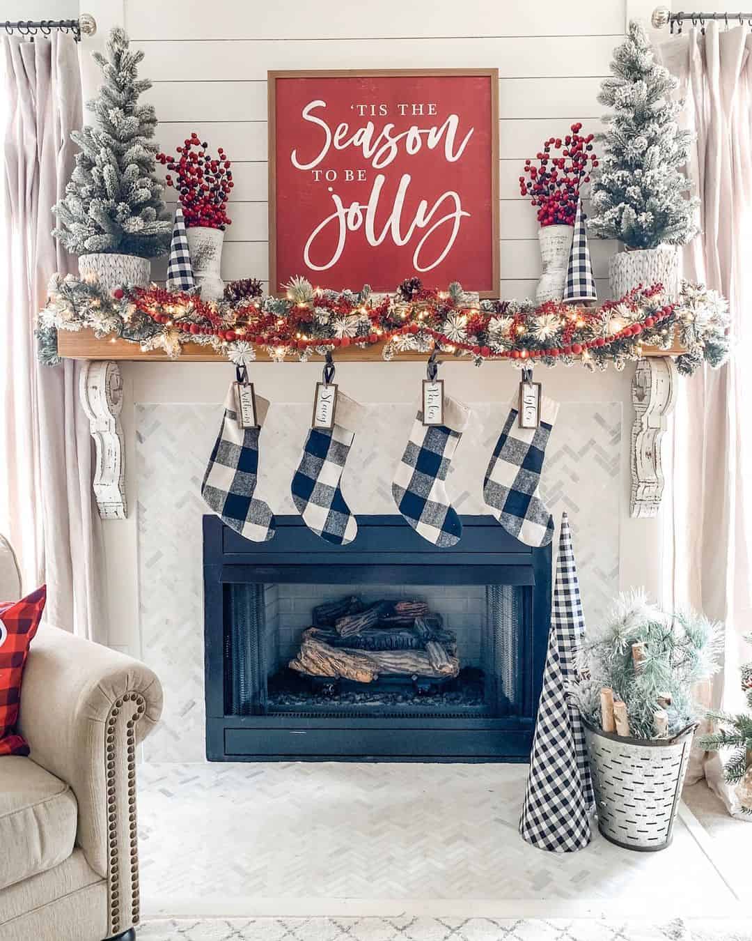 Buffalo Check Trees Add Whimsical Pattern to Fireplace Hearth
