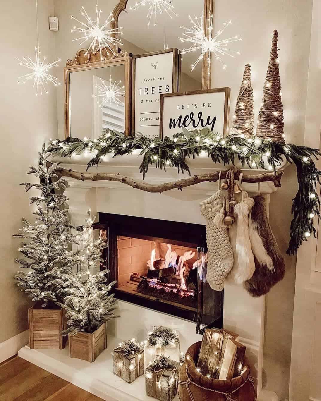 Twine-Wrapped Cone Trees Add Rustic Charm to Mantel