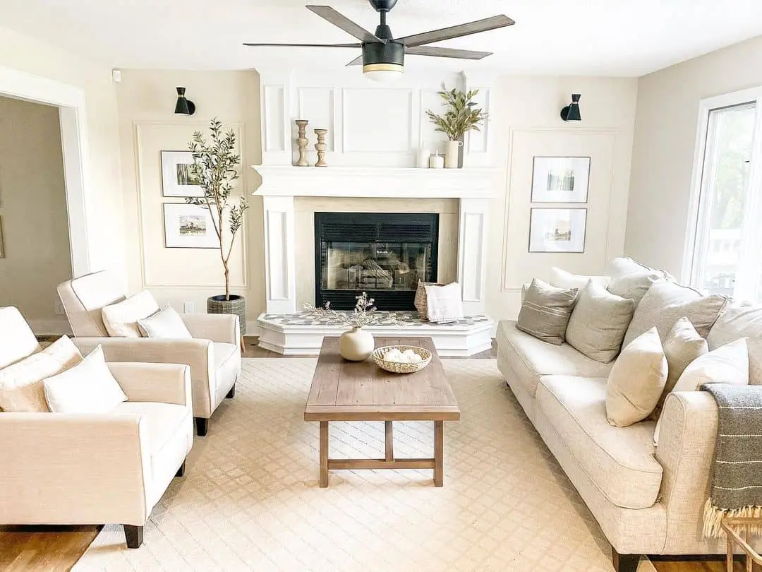 Tall Potted Tree Adds Life to Fireplace Alcove