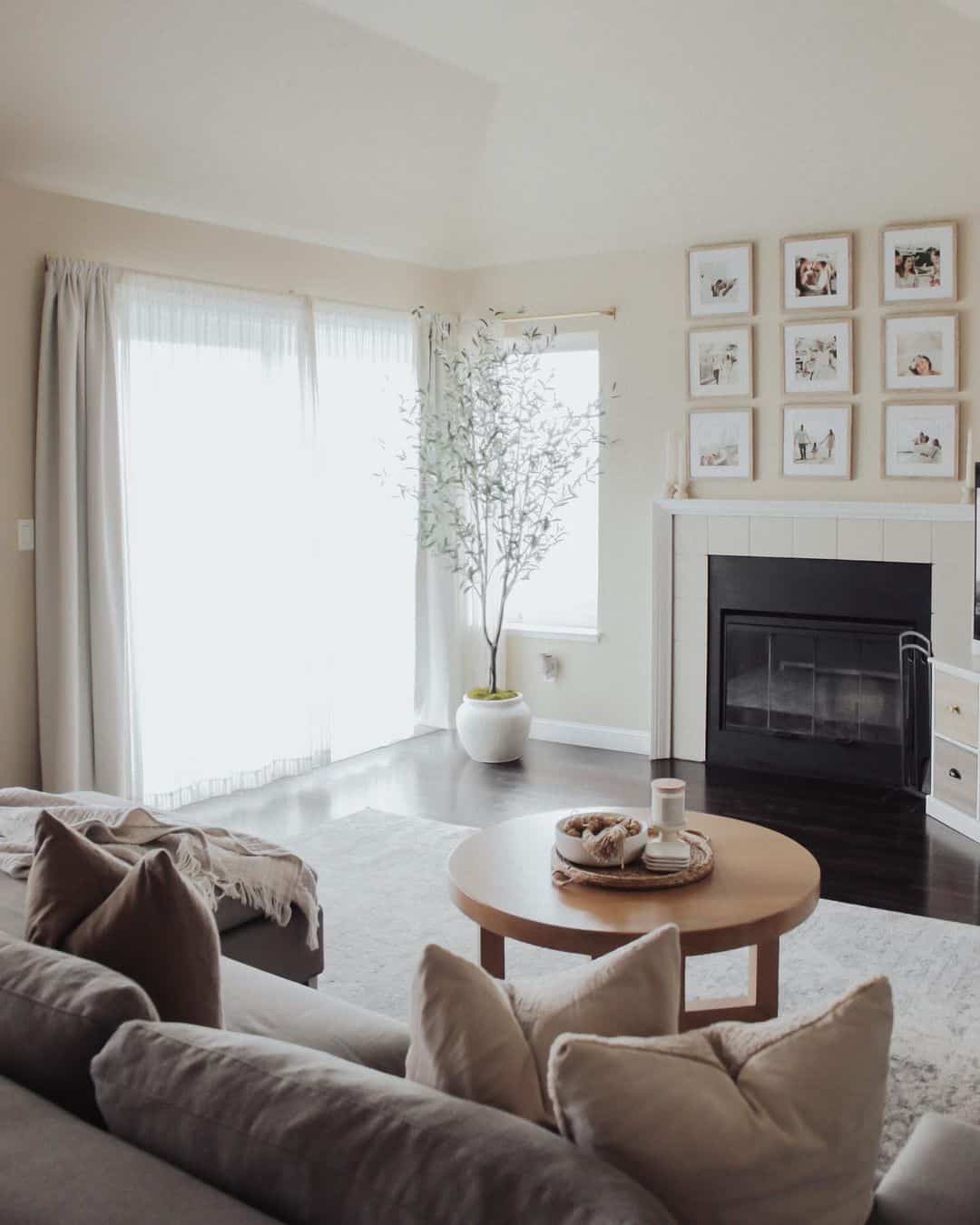 Gallery wall of framed photos above a fireplace
