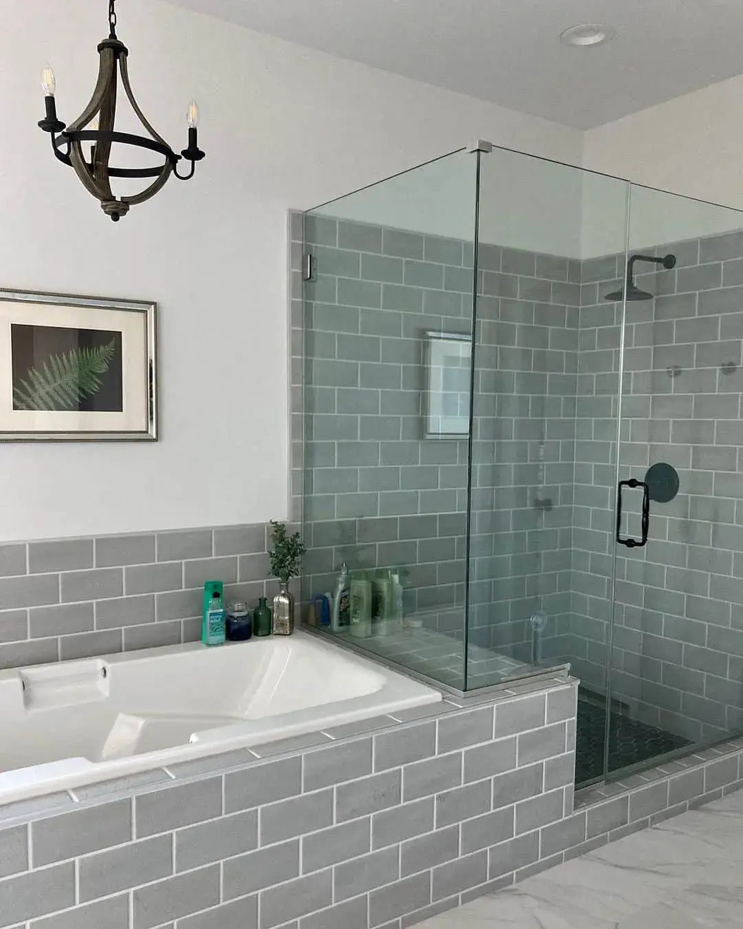 Light Gray Subway Tile Wraps Tub and Shower