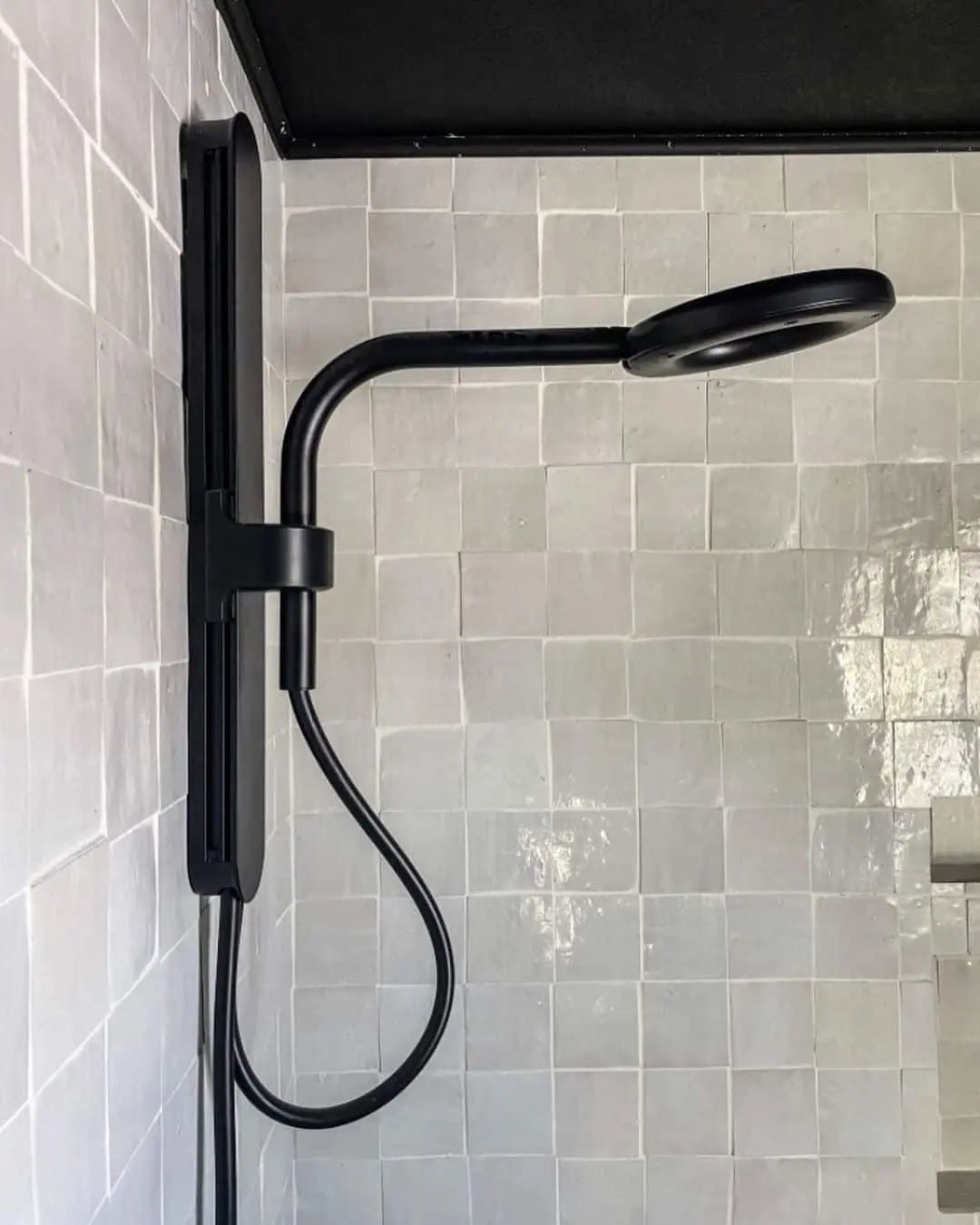 Matte Black Fixtures Contrast Soft Gray Square Tiles