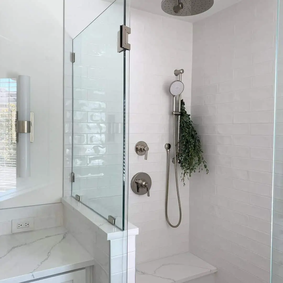 White Subway Tile Shower With Integrated Marble Bench