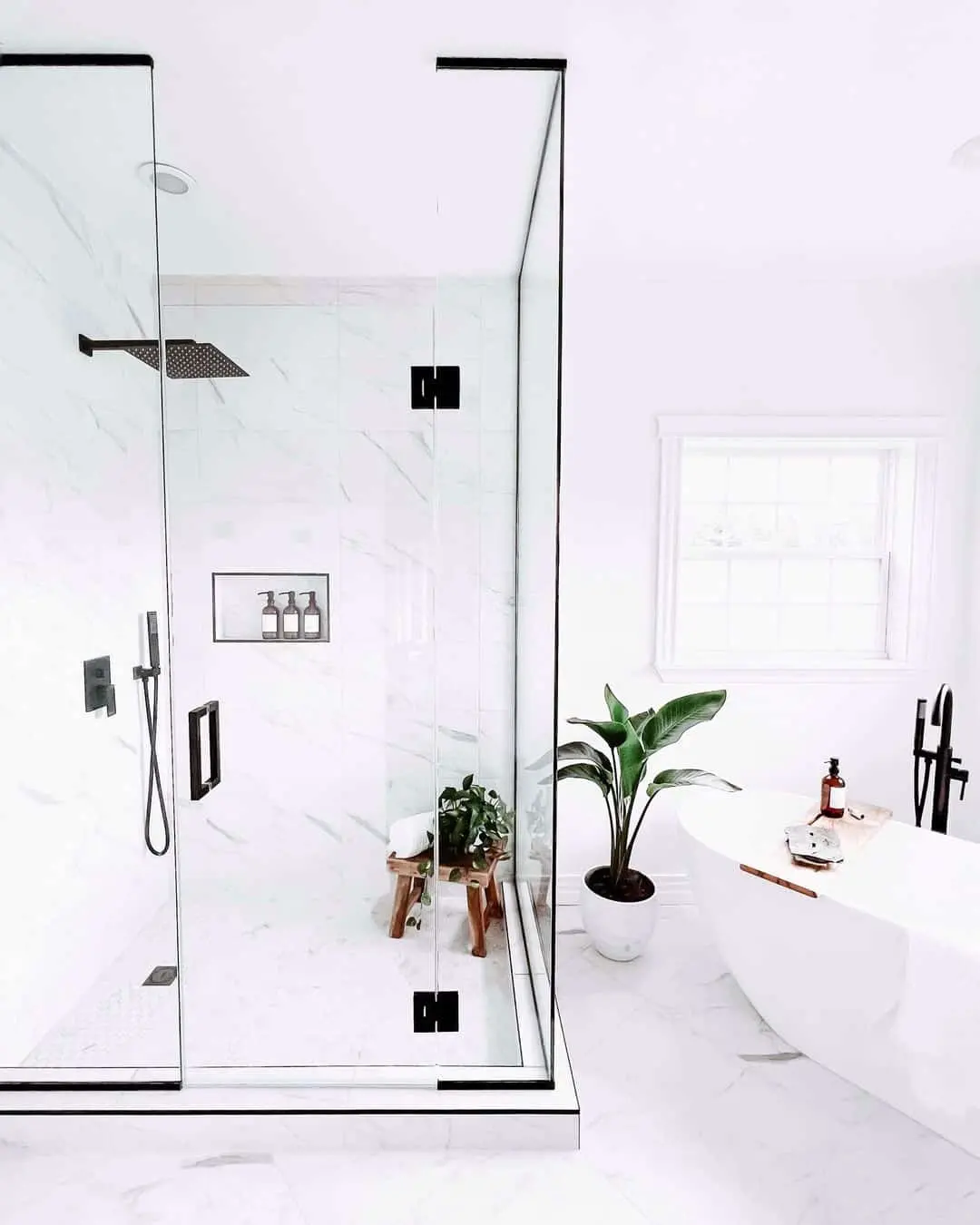 Marble-Look Tile Creates a Clean, Bright Shower Enclosure