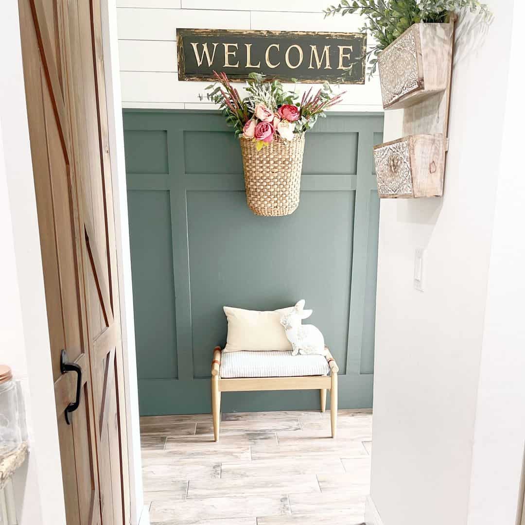 Floral Basket Adds Softness Above Board and Batten